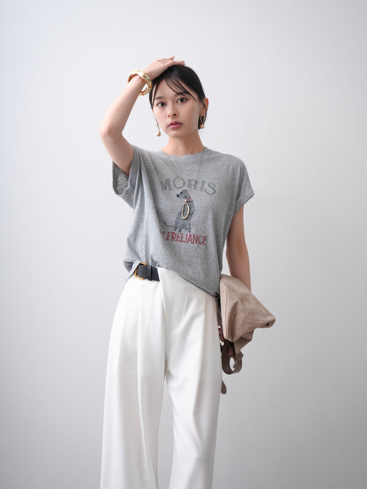 [SET]ドッグエンブロイダリーTEE+アシンメトリーベルトタックワイドパンツ(2set)