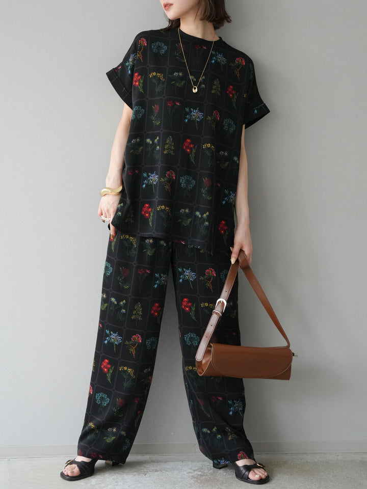 [予約]パッチワークフラワープリントイージーパンツ/ブラック