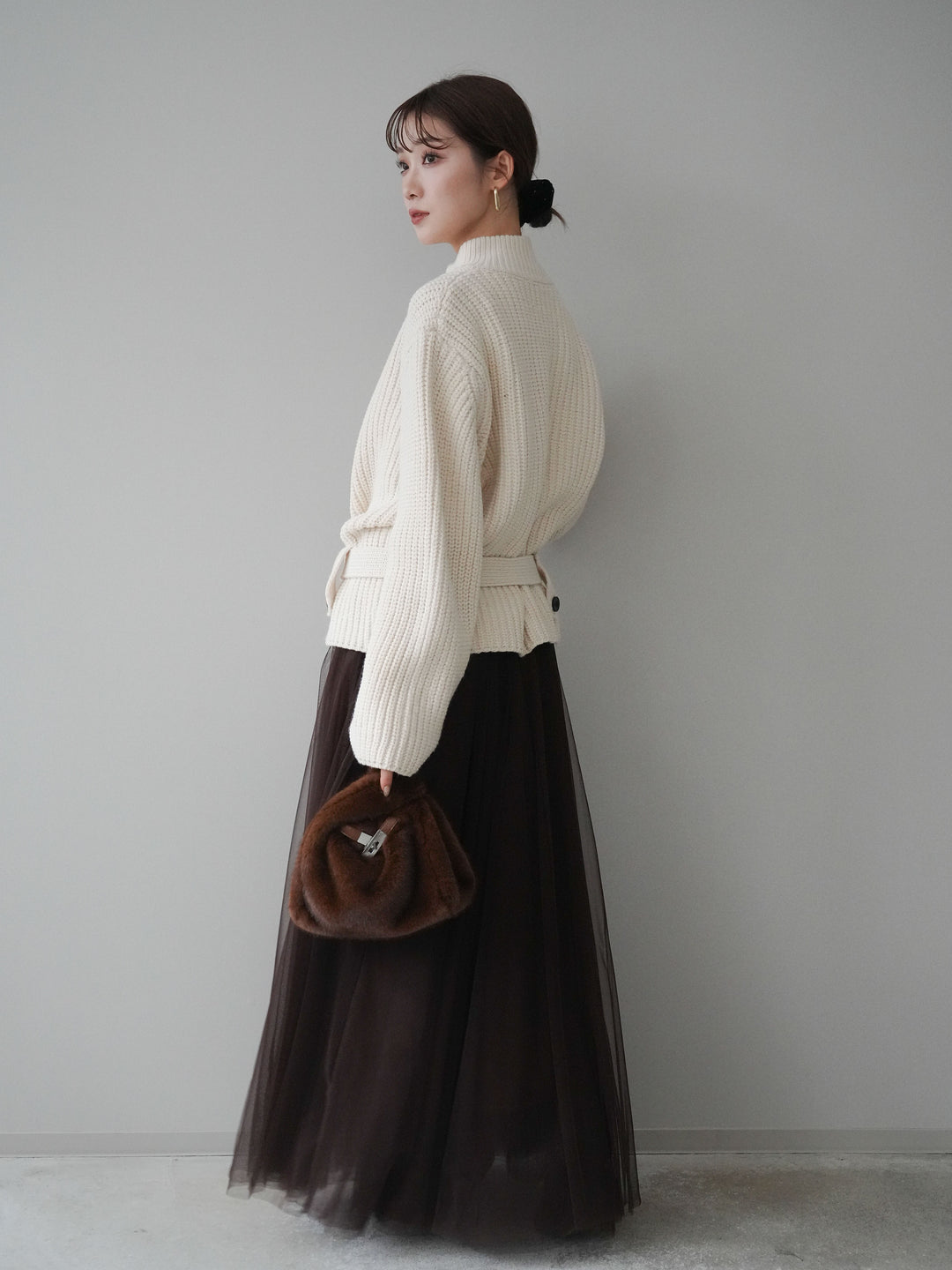 [SET]畦編みボトルネックZIPニットカーディガン+チュールボリュームスカート(2set)