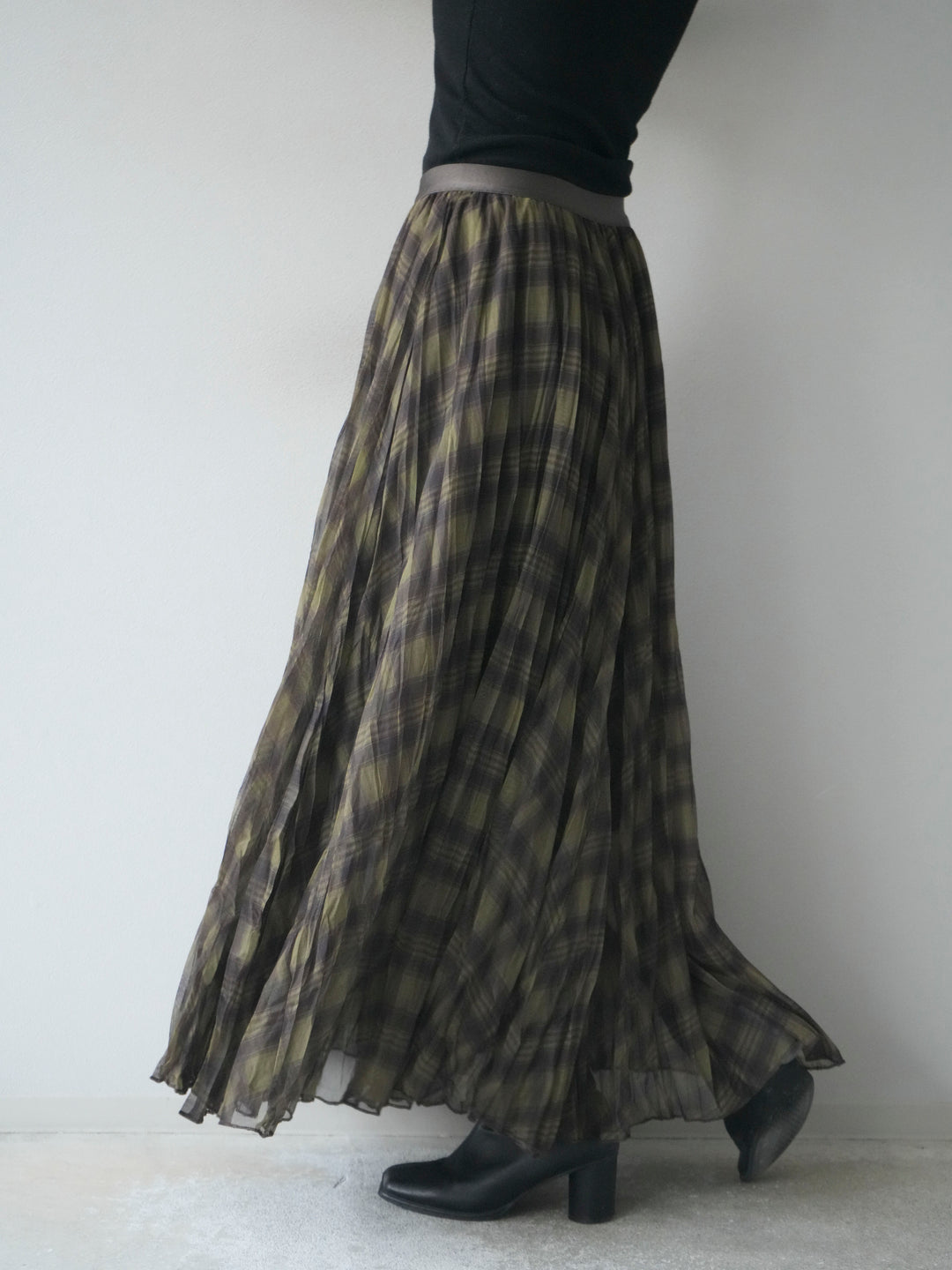 [予約]チェック柄ワッシャープリーツスカート/green