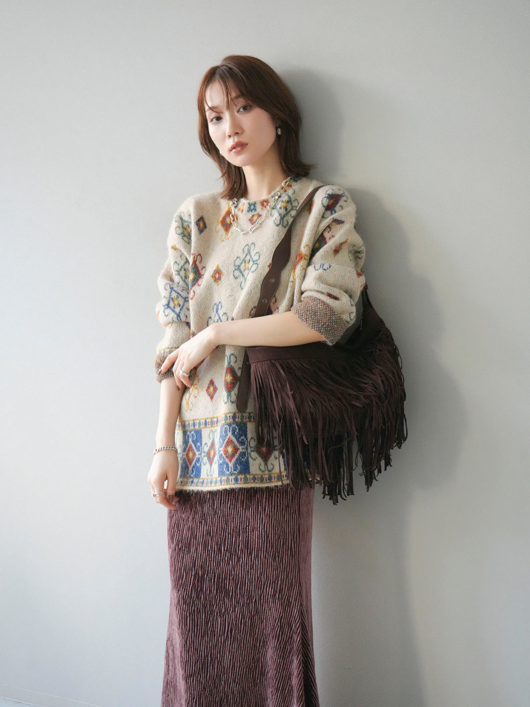 [予約]ヴィンテージ柄オーバーニットプルオーバー/アイボリー