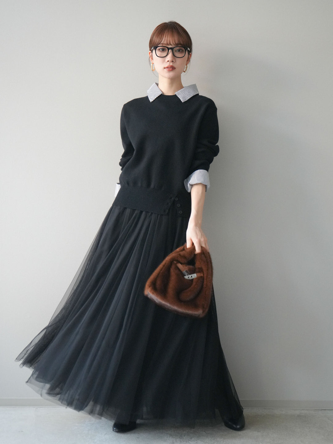 [SET]シャツドッキングデザイン裾ボタンニットプルオーバー+チュールボリュームスカート(2set)