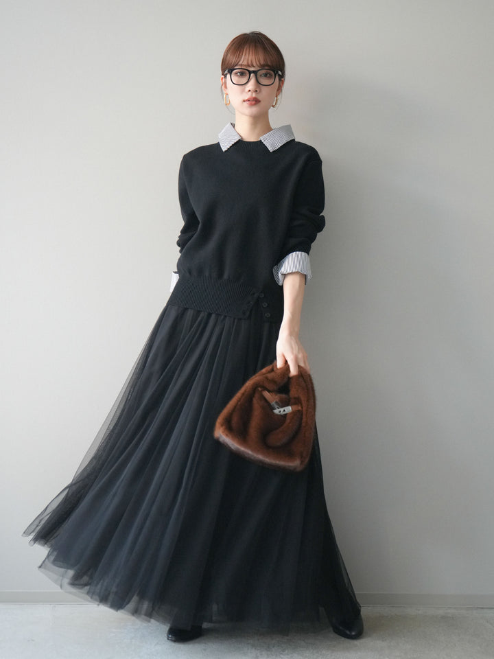 [SET]シャツドッキングデザイン裾ボタンニットプルオーバー+チュールボリュームスカート(2set)