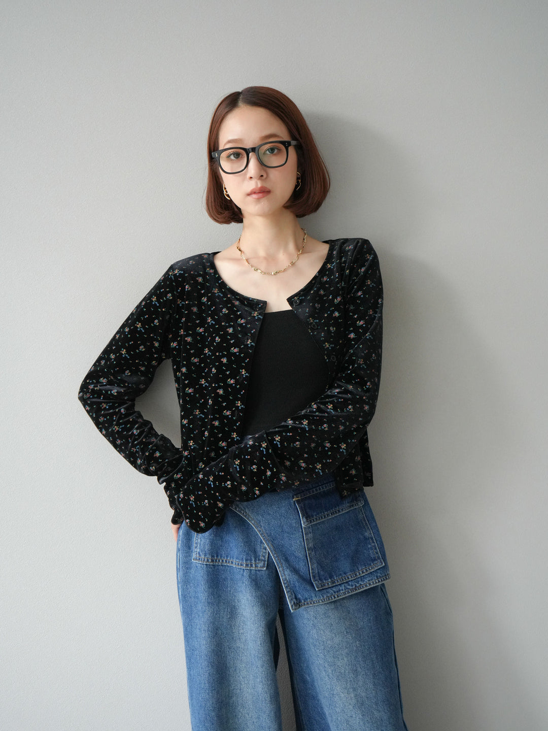 [予約]ベロアフラワープリントカーディガン/ブラックxイエロー