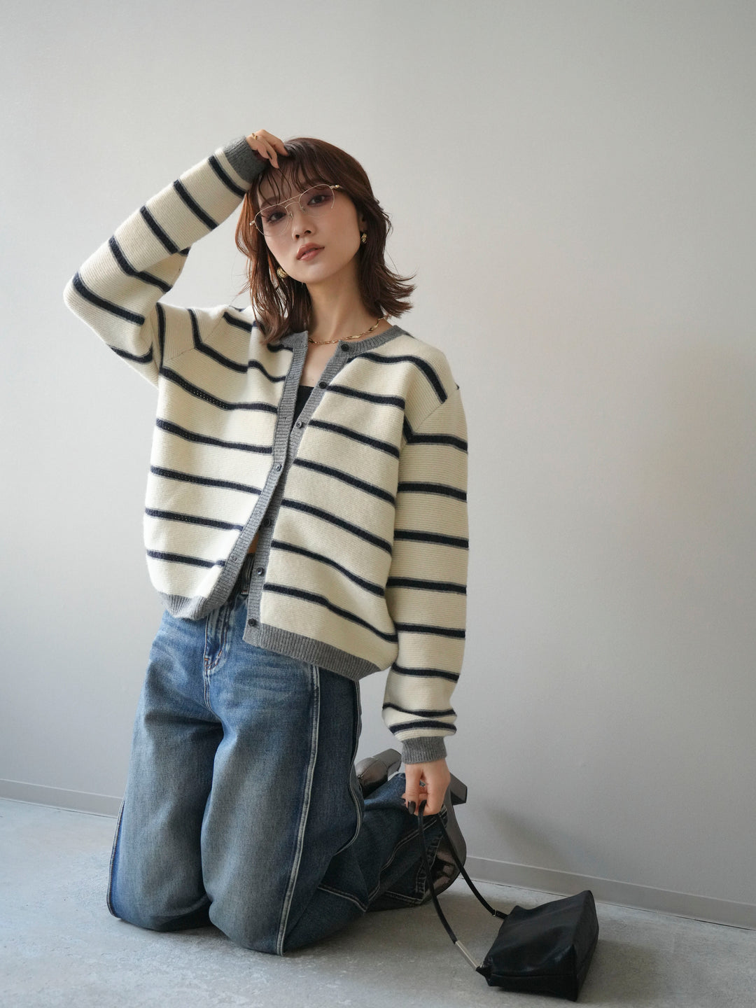 [予約]配色ボーダーニットカーディガン/apricot