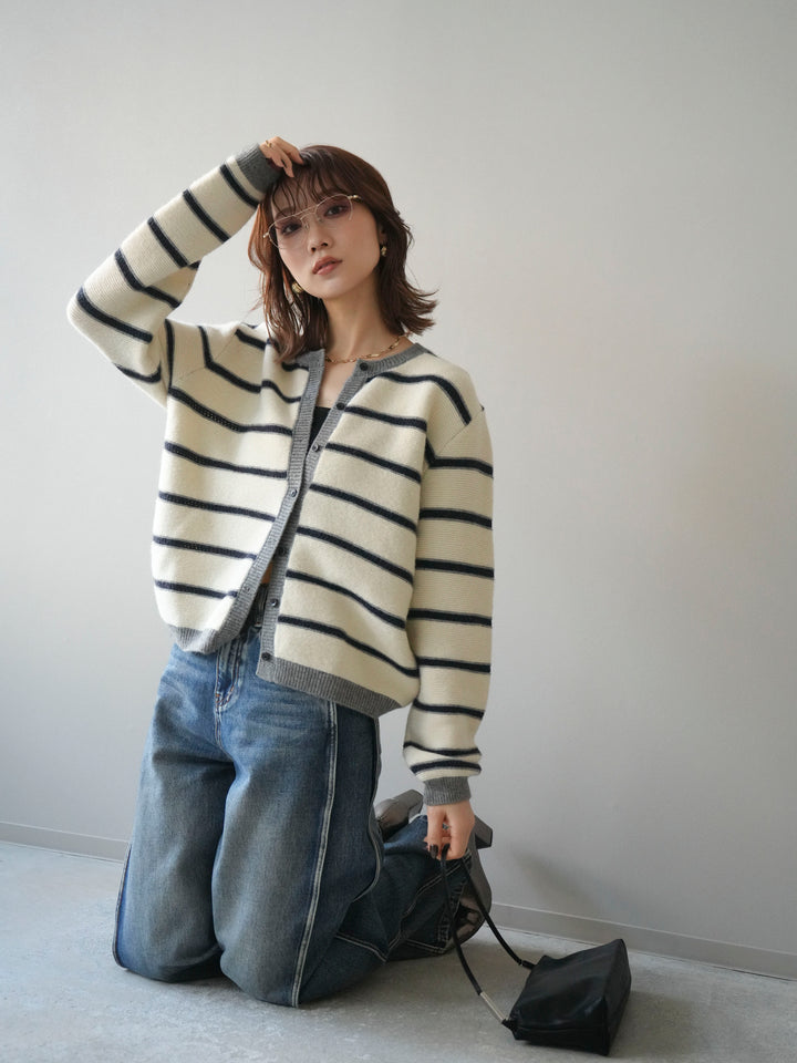 [予約]配色ボーダーニットカーディガン/apricot