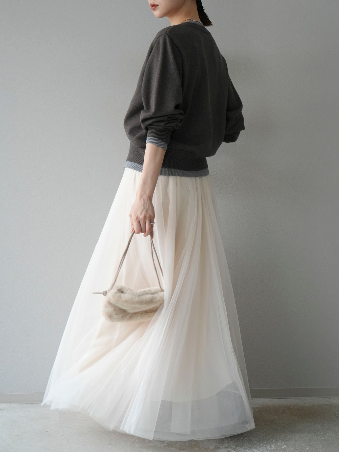 [SET]配色レイヤードカーディガン+チュールボリュームスカート(2set)