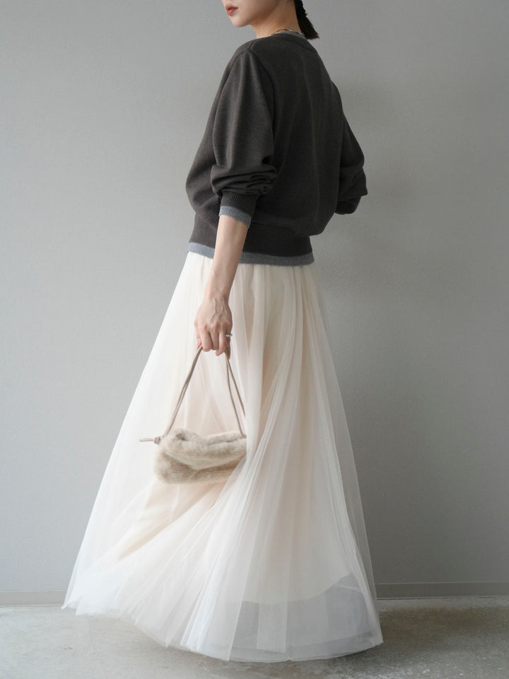 [SET]配色レイヤードカーディガン+チュールボリュームスカート(2set)