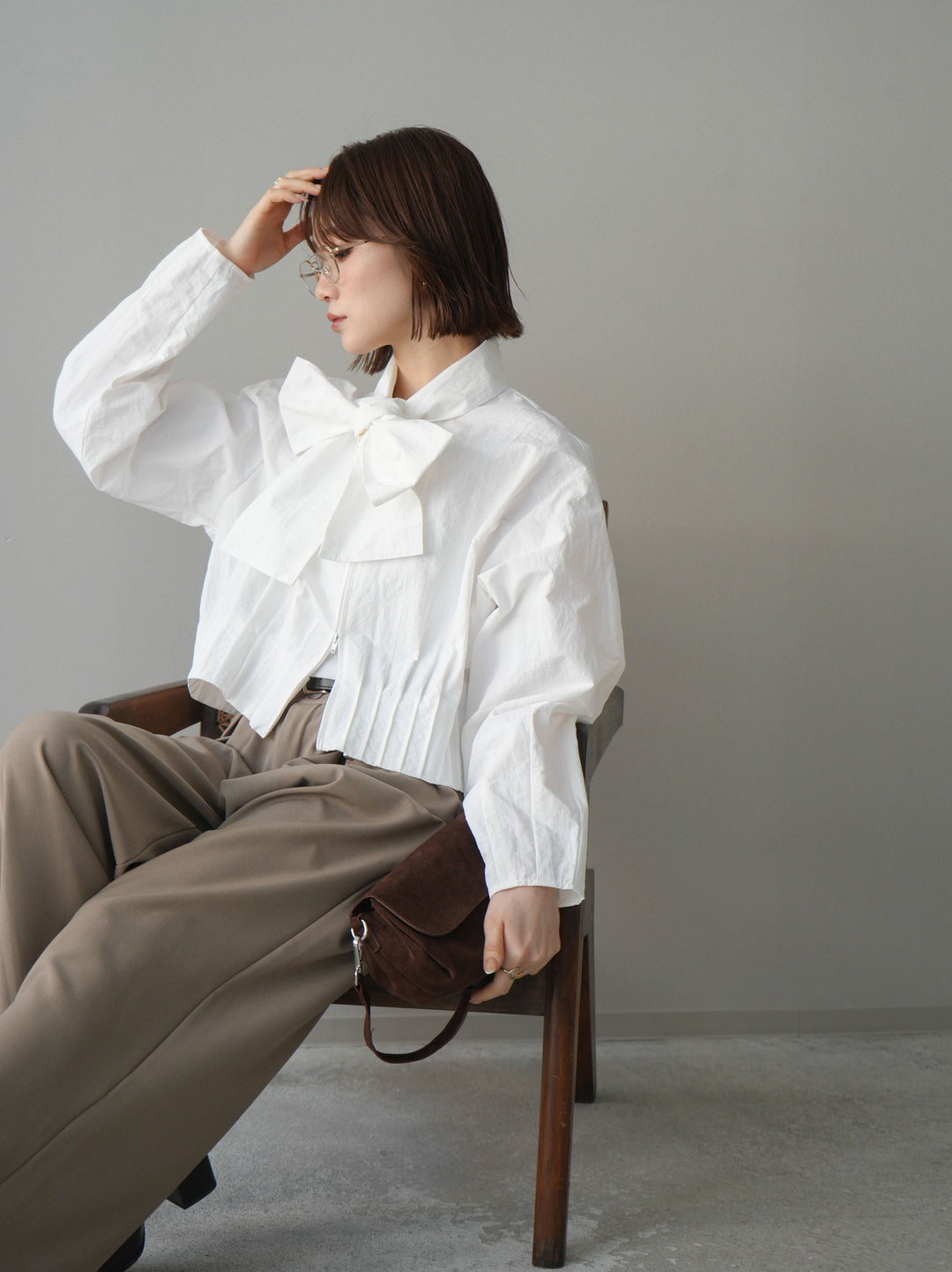 [SET]ボウタイ裾プリーツライトジャケット+ベルト付キーホルダーモチーフワイドパンツ(2set)