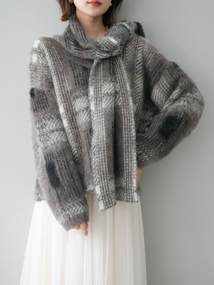 [予約]ストール付シャギーチェックニットプルオーバー/brown