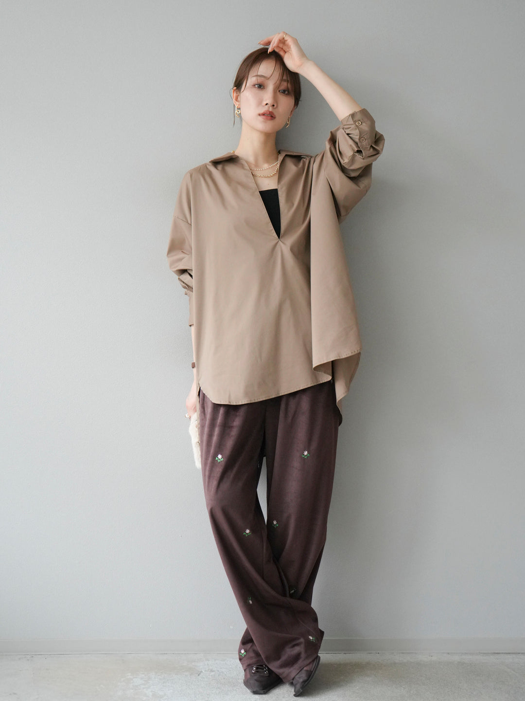 [予約]フラワー刺繍イージーパンツ/ブラウン