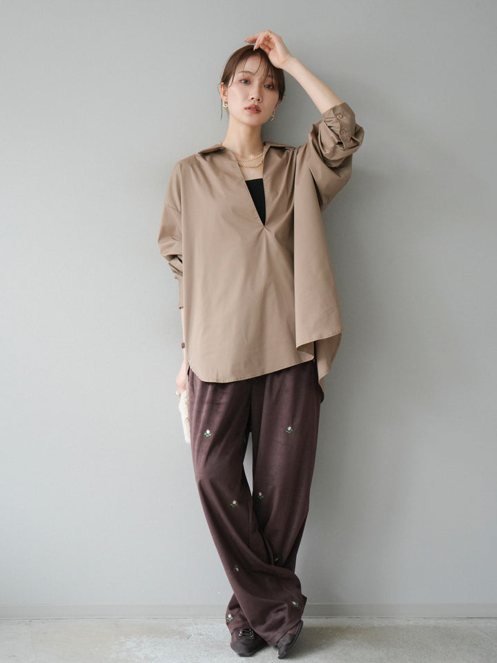 [予約]フラワー刺繍イージーパンツ/ブラウン