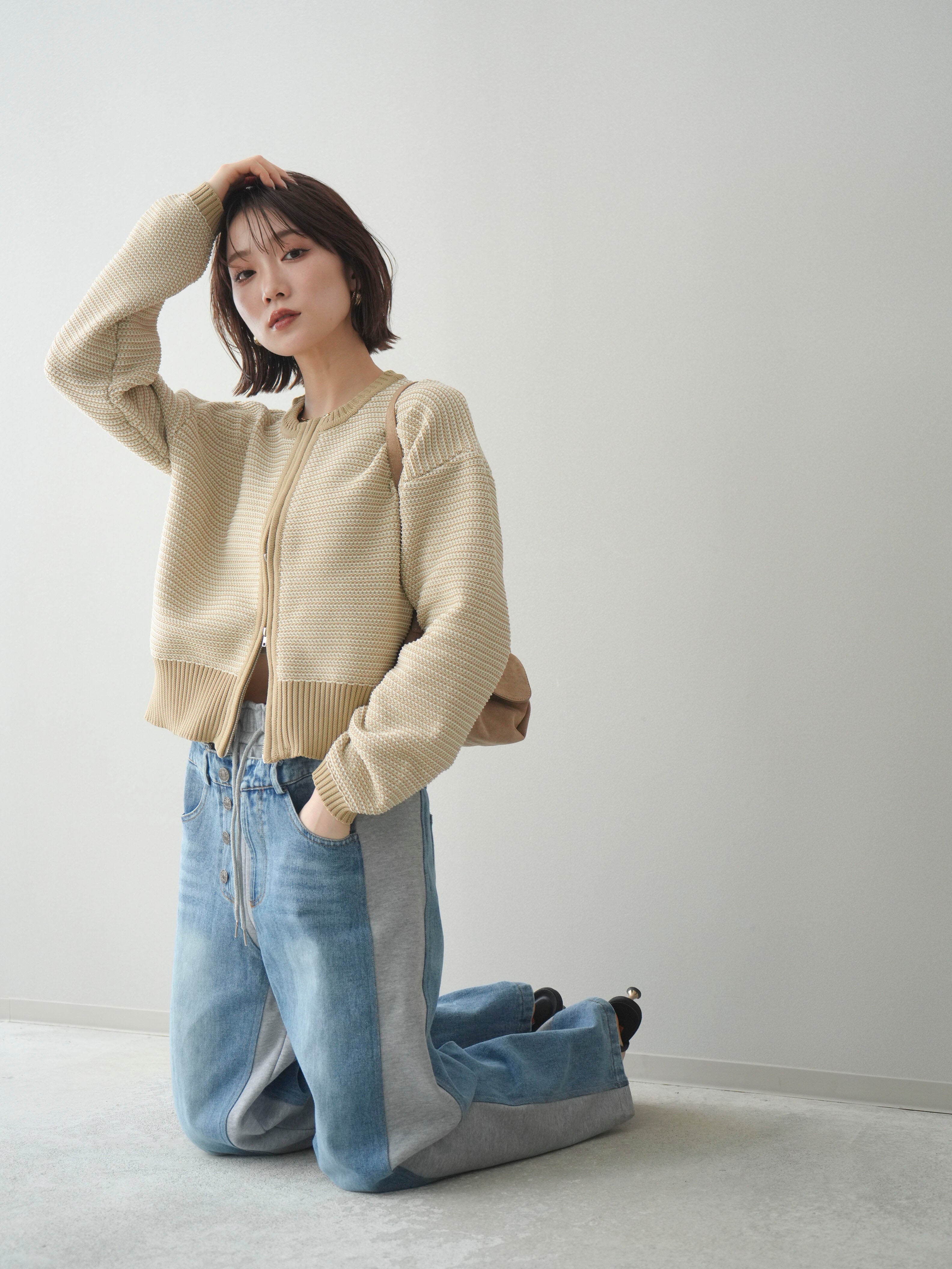 SET]ボーダーダブルZIPカーディガン+デニム切替スウェットパンツ(2set