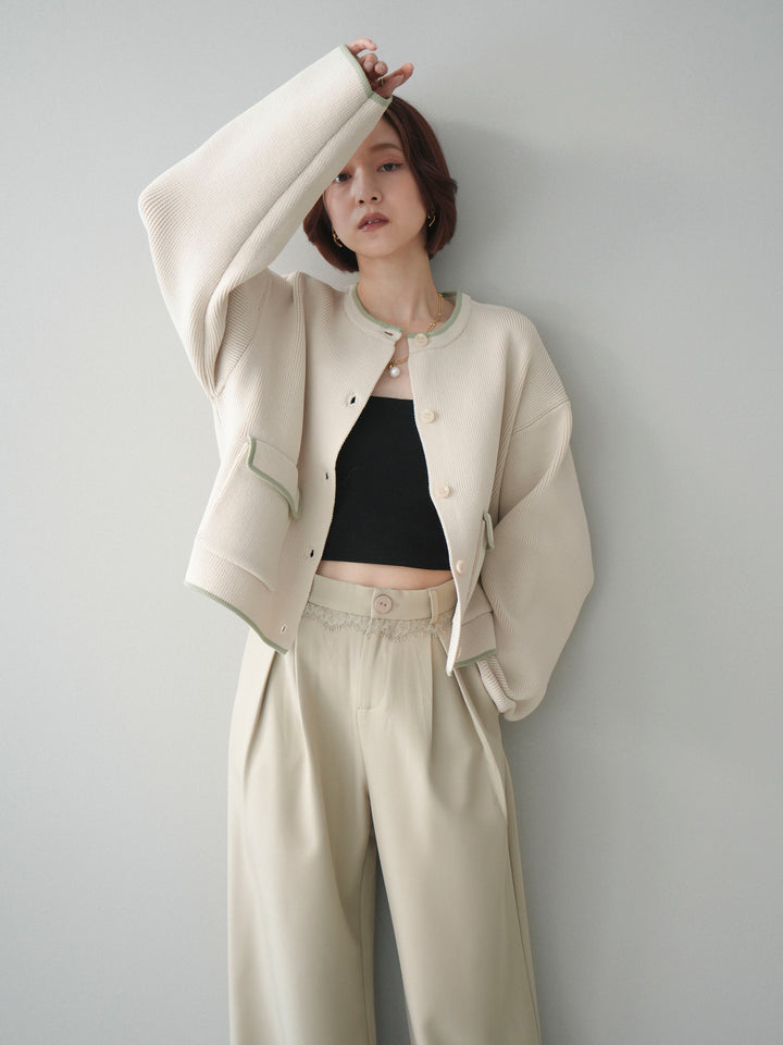 [SET]ポリエステル配色ニットカーディガン+ウエストレースタックワイドパンツ(2set)