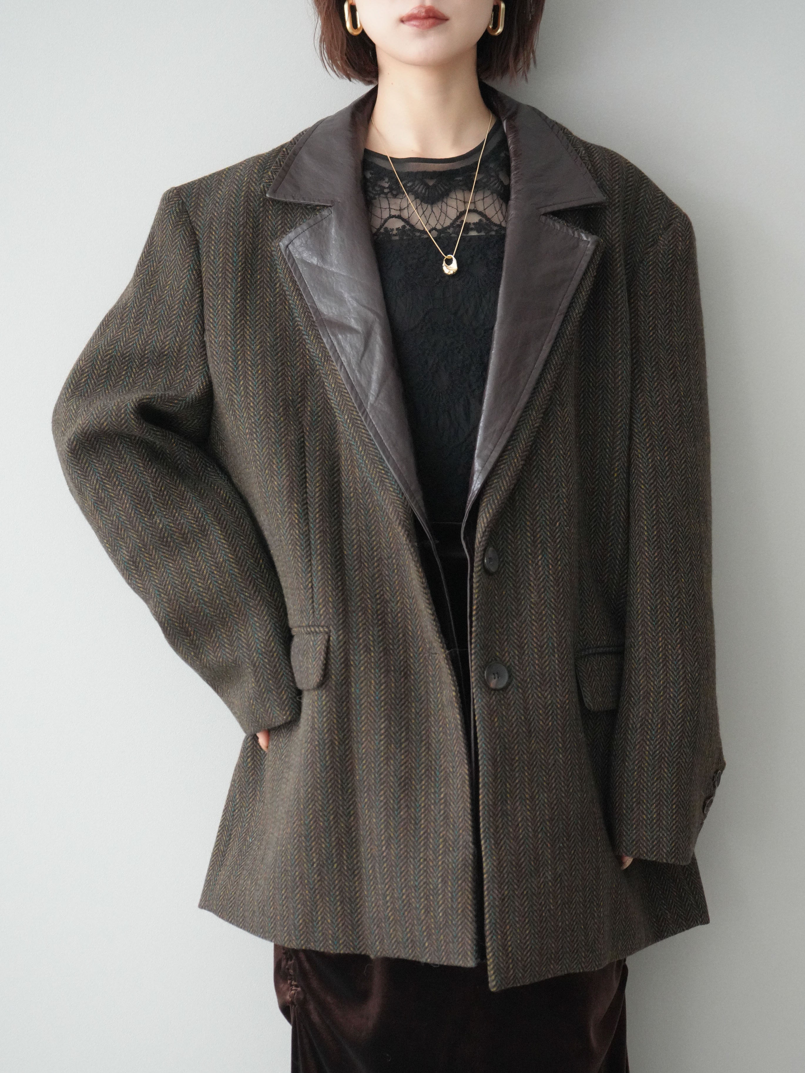 SET]レイヤードデザインツイードテーラードジャケット+チュールレース