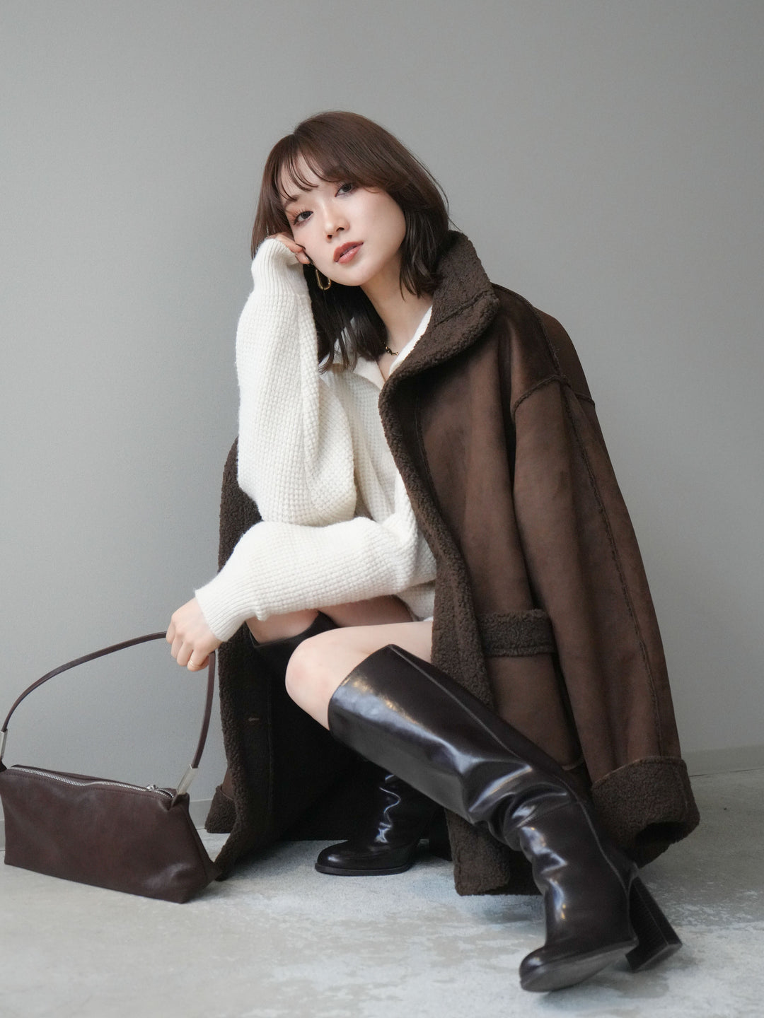 [SET]ポロニットプルオーバー＆ショートパンツSET UP+スタンドネックフェイクムートンミディアムコート(2set)