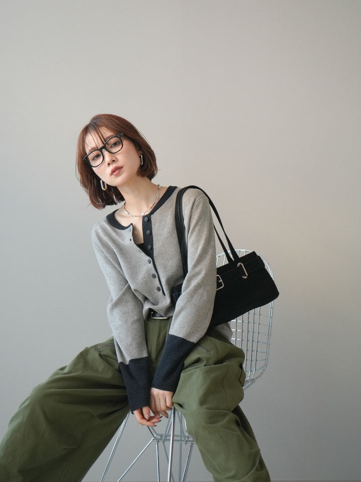 [SET]ヘンリーネック配色ニットソー+コットンタックループパンツ(2set)