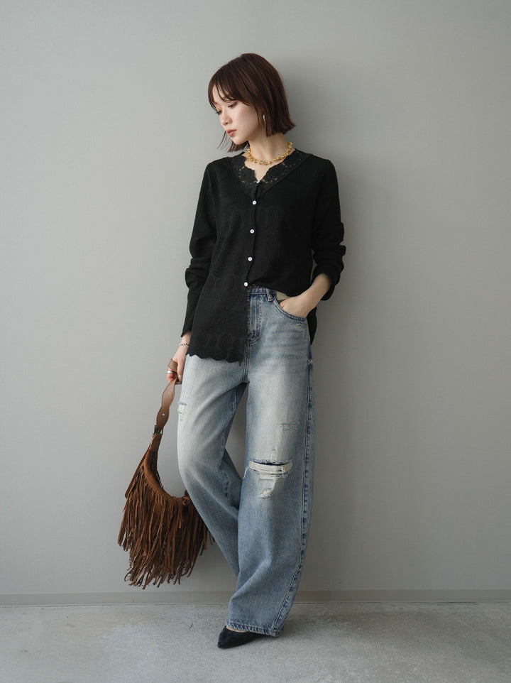 [SET]レースネックジャガードニットカーディガン+ダメージデニムセミワイドパンツ(2set)