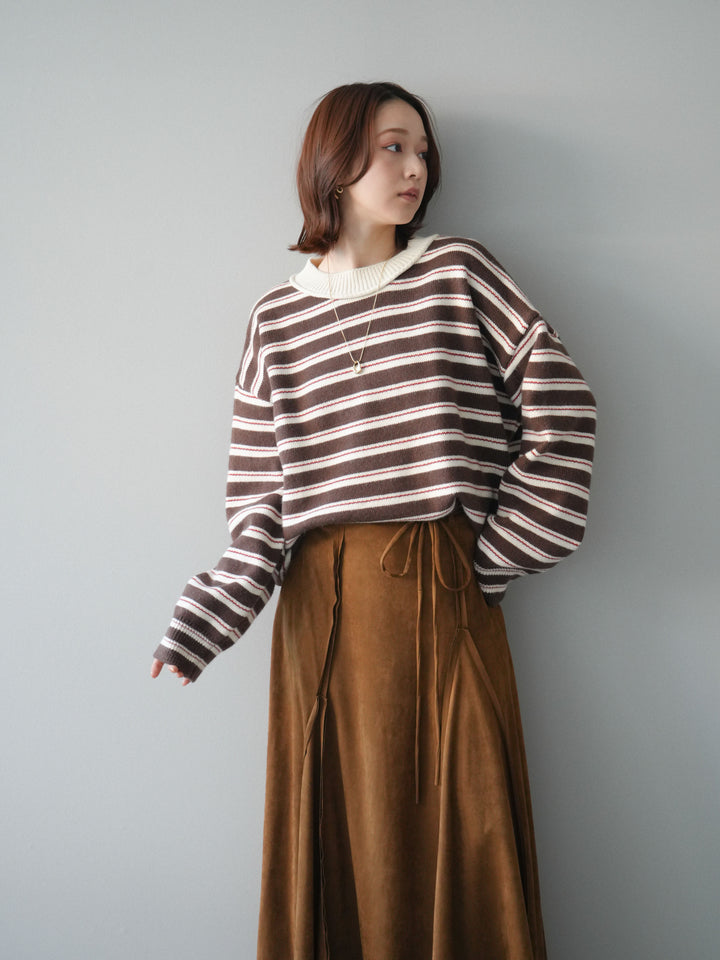 [予約]モックネックボーダーニットプルオーバー/brown