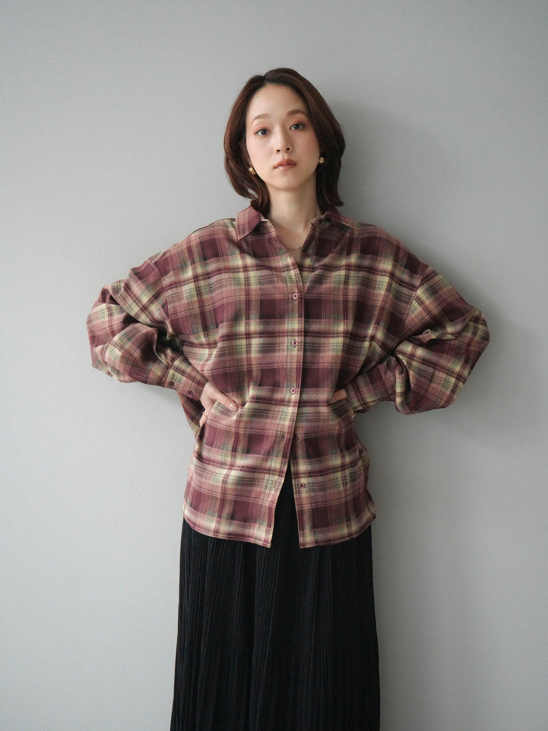 [予約]マルチウェイチェックシャツ/bordeauxbeige