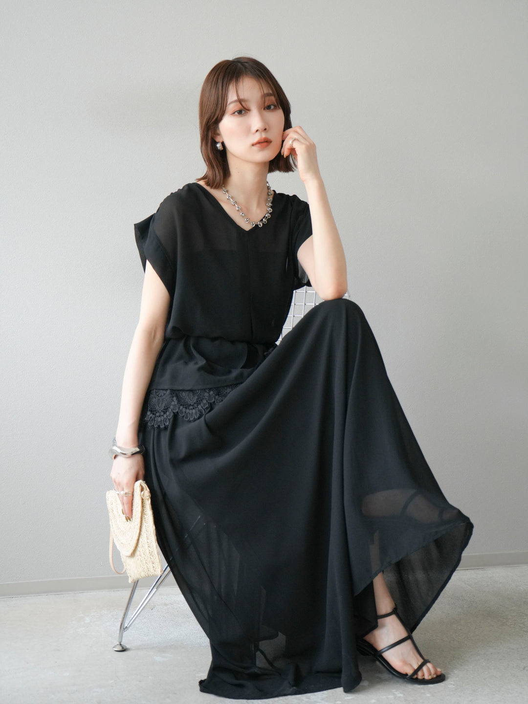 [SET]シフォンブラウス＆レースデザインフレアスカートSET UP(2set)