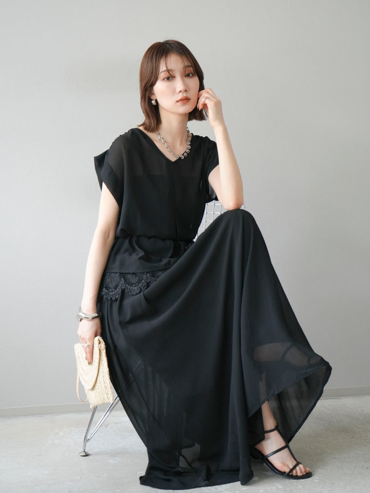 [SET]シフォンブラウス＆レースデザインフレアスカートSET UP(2set)