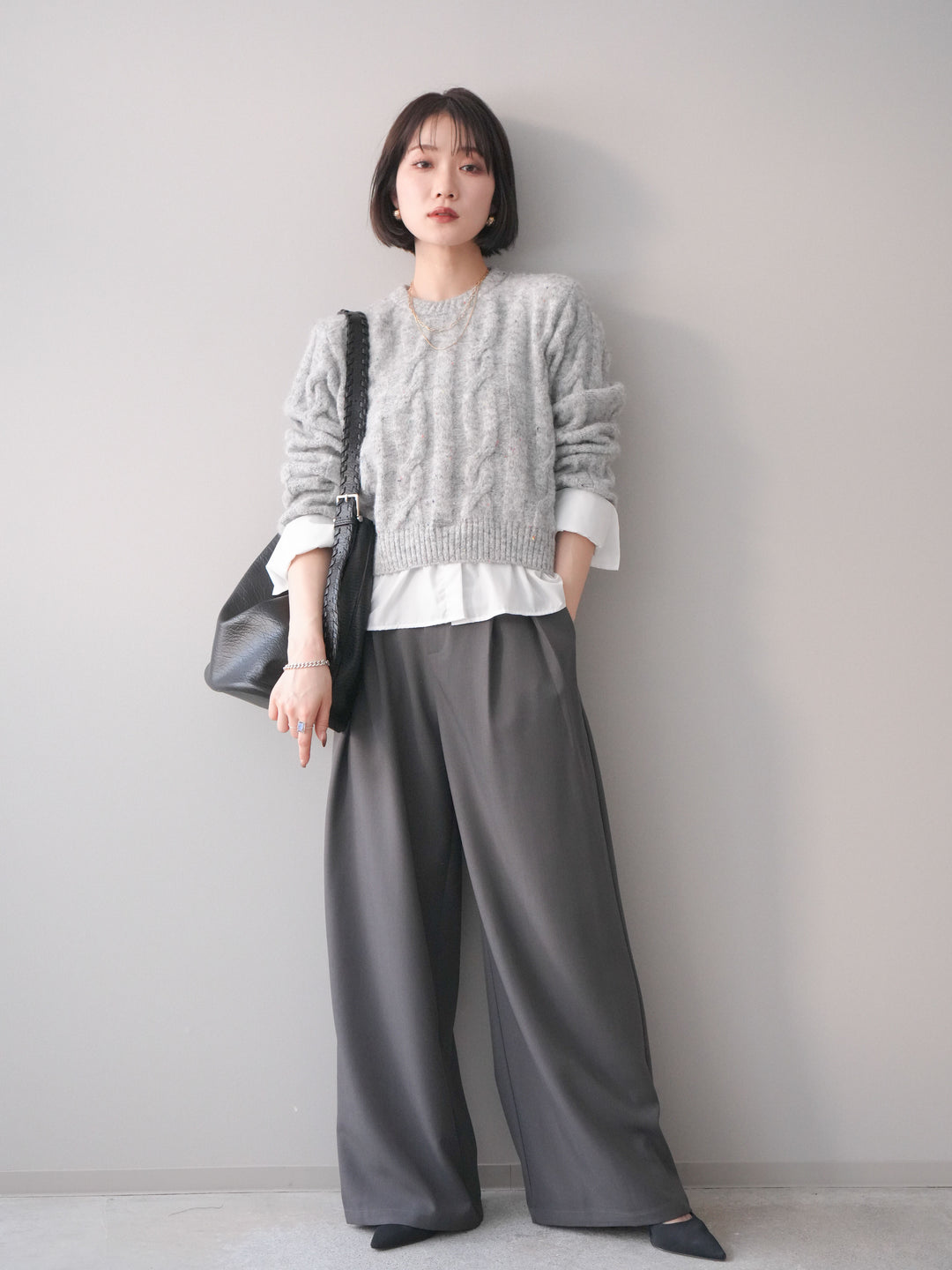 [予約]ウエストレースタックワイドパンツ/gray