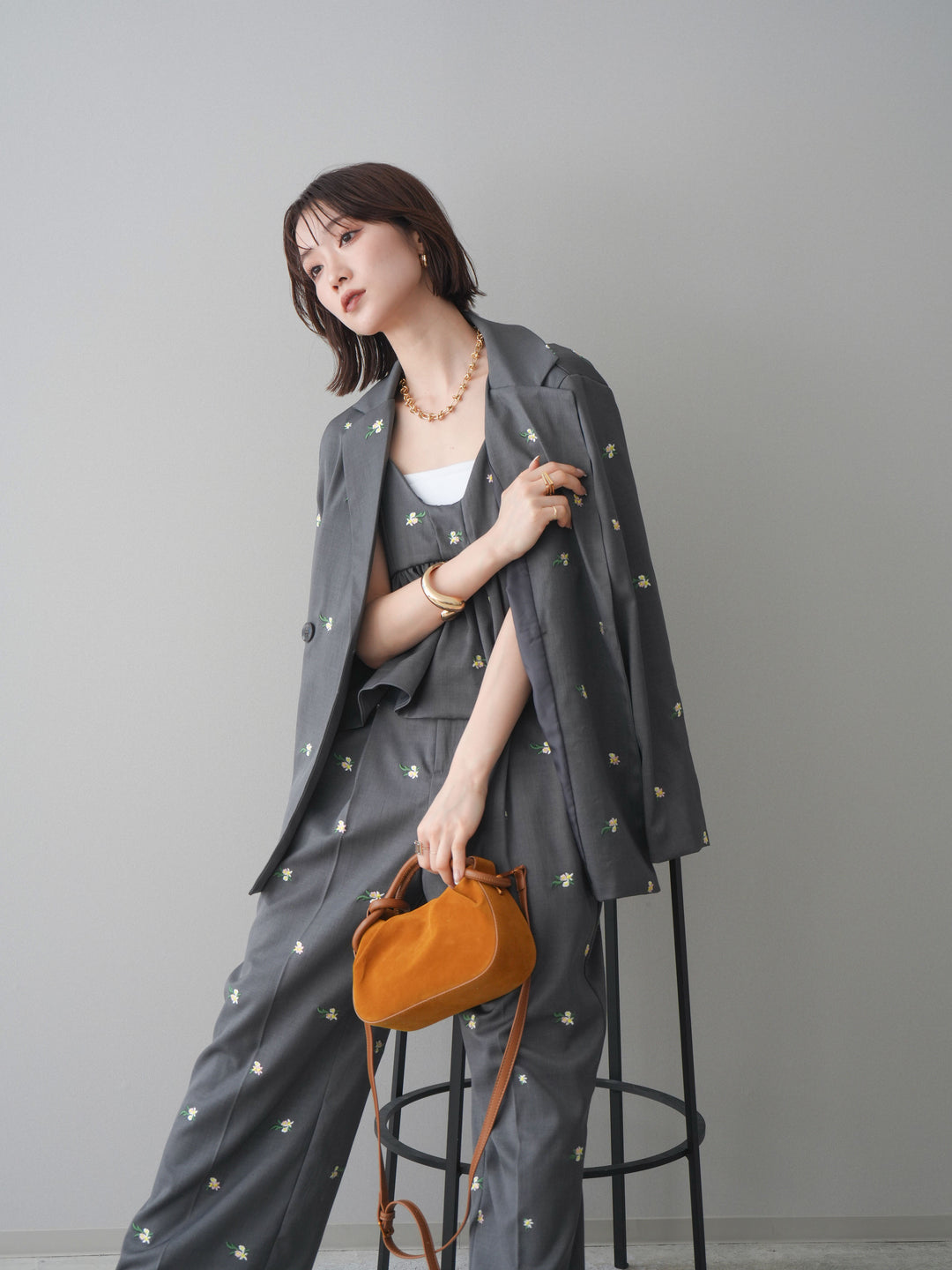 [予約]フラワー刺繍テーラードジャケット/gray
