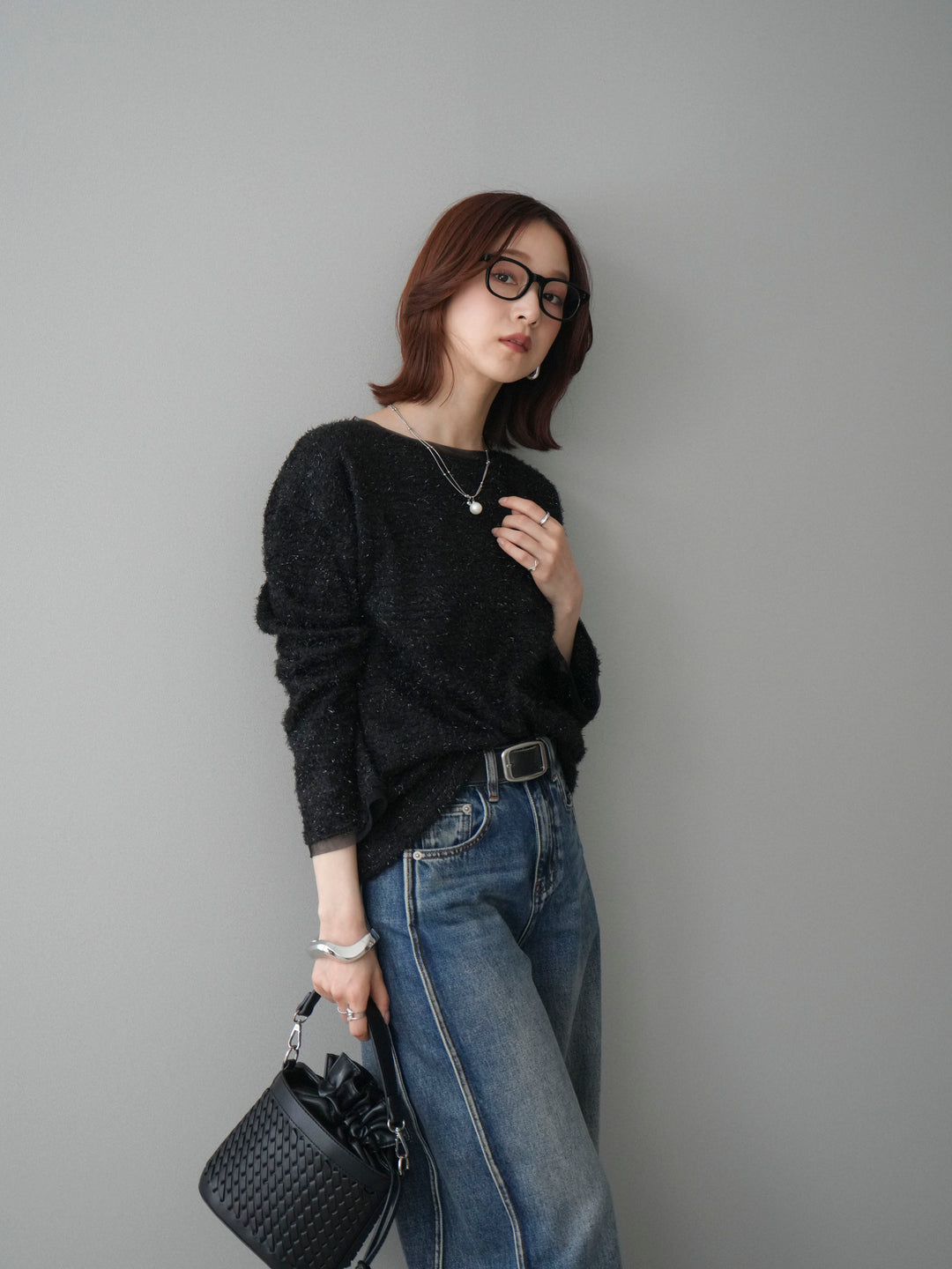 [SET]ラメシャギートップス+サイド切替カーブデニムパンツ(2set)