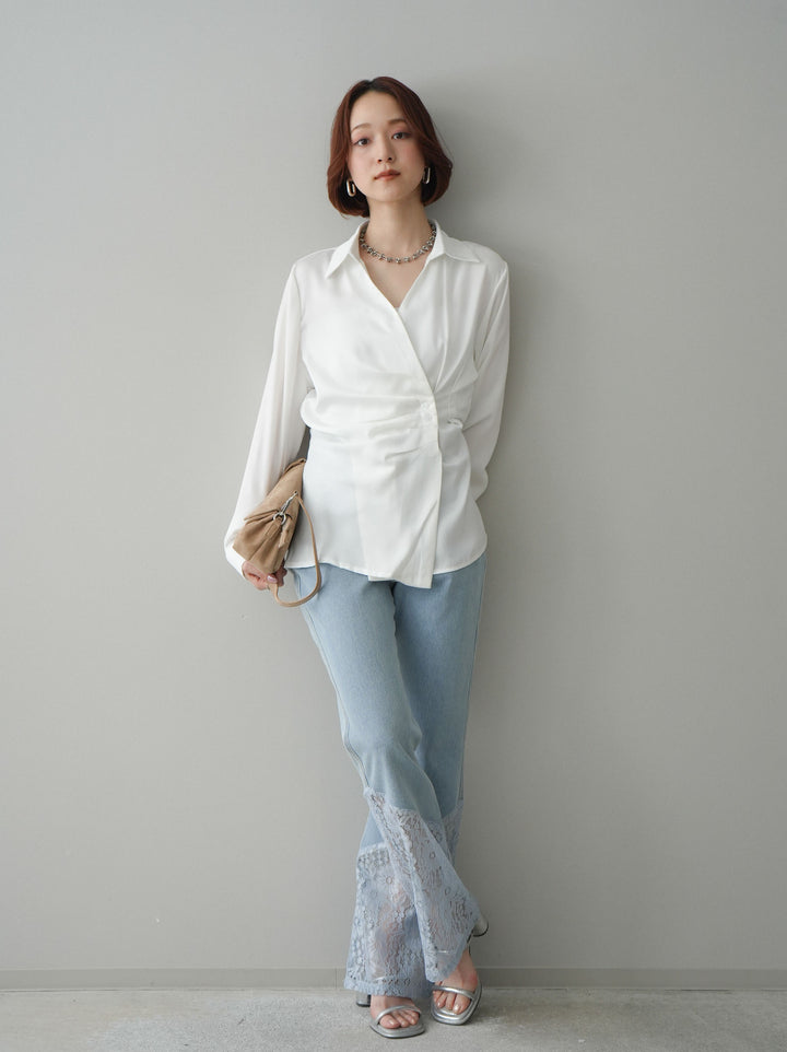 [予約]レース切替フレアデニムパンツ/bleach