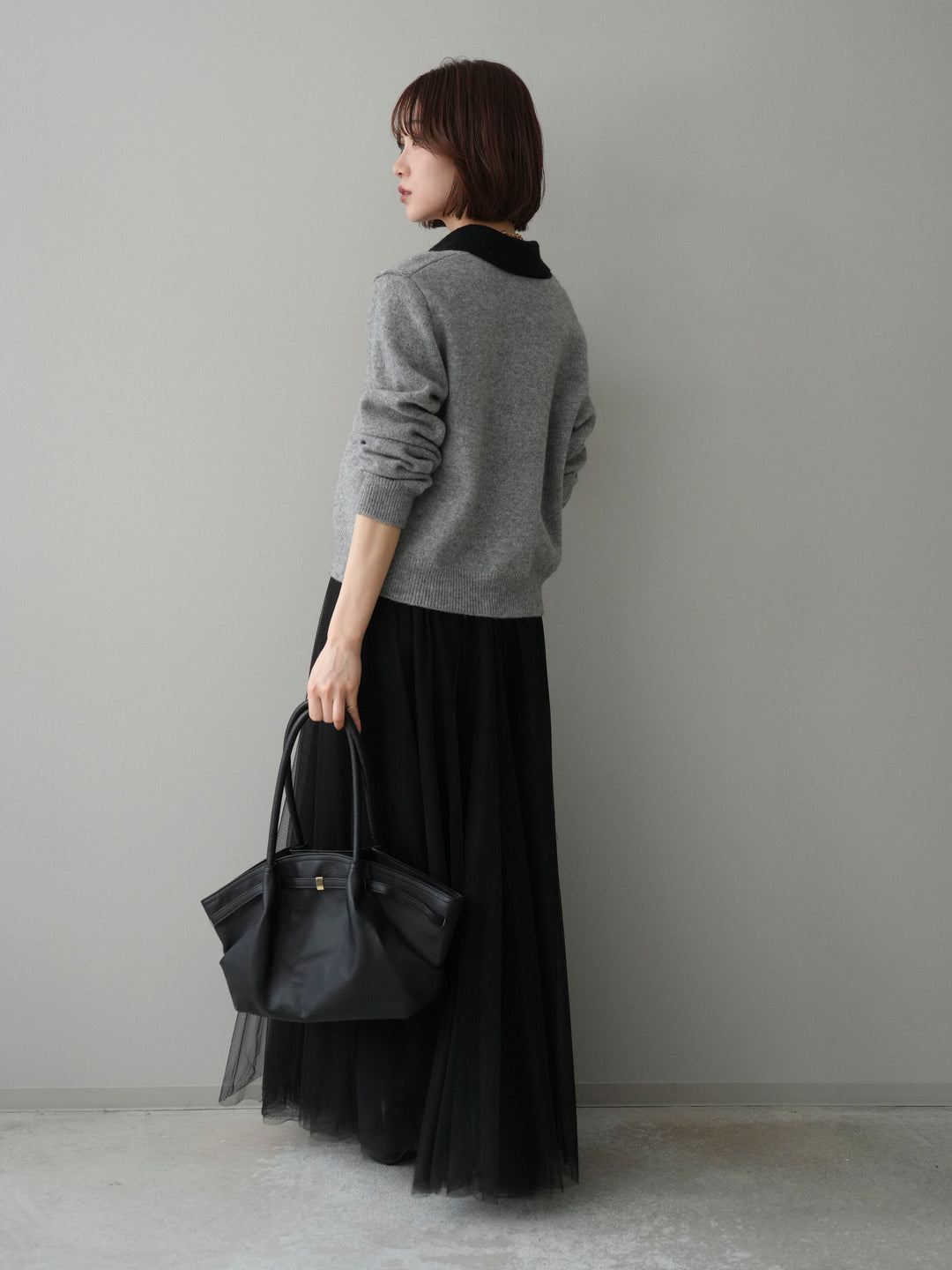 [SET]デザイン襟ニットカーディガン+チュールボリュームスカート(2set)