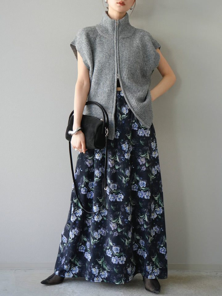 [予約]ダブルZIPハイネック畦編みニットベスト/杢グレー