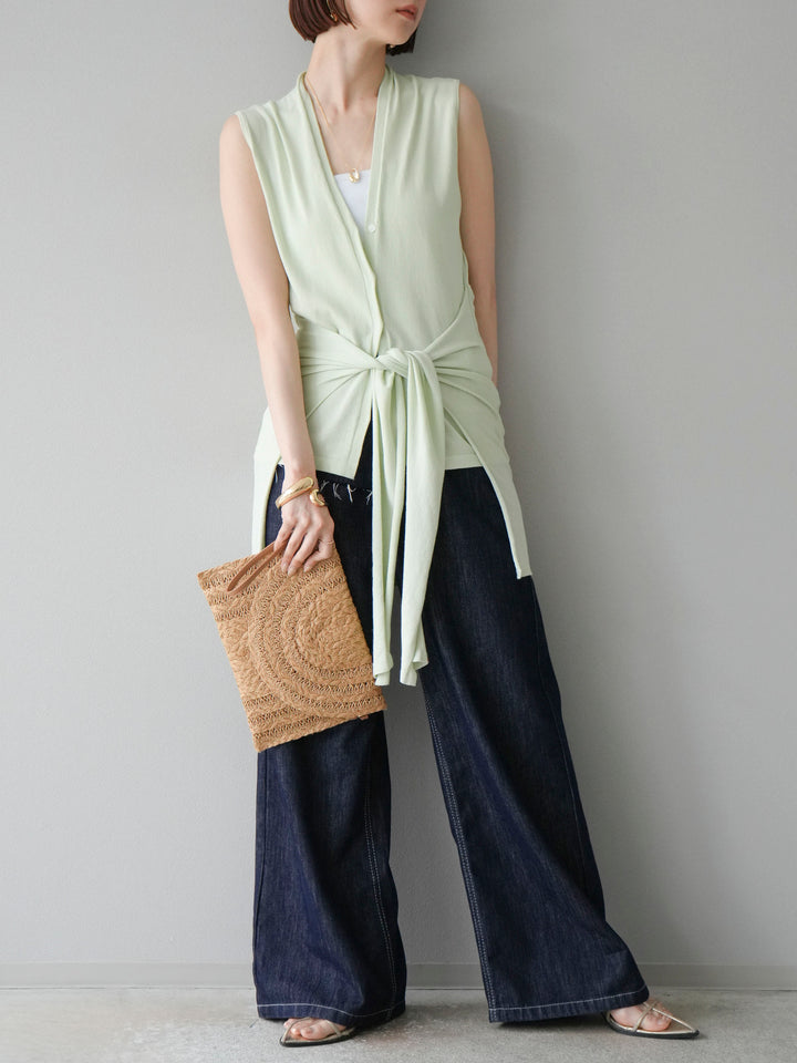 [SET]腰巻きデザインノースリーブニットカーディガン+ヒップデザインデニムパンツ(2set)