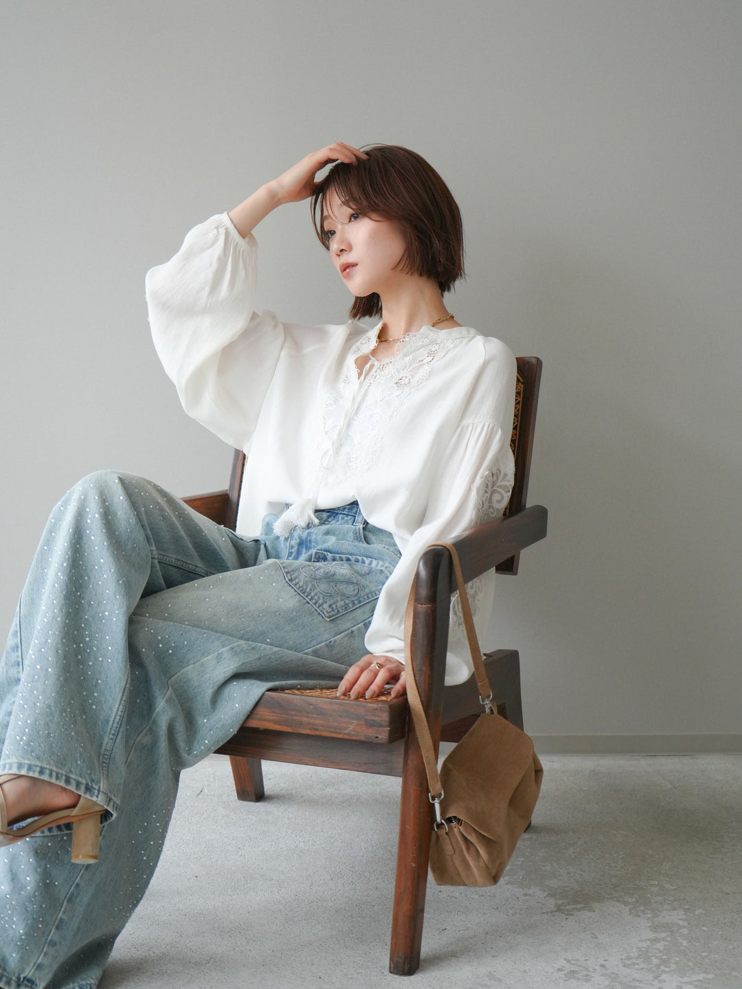 [予約]レーススリーブスキッパーブラウス/white