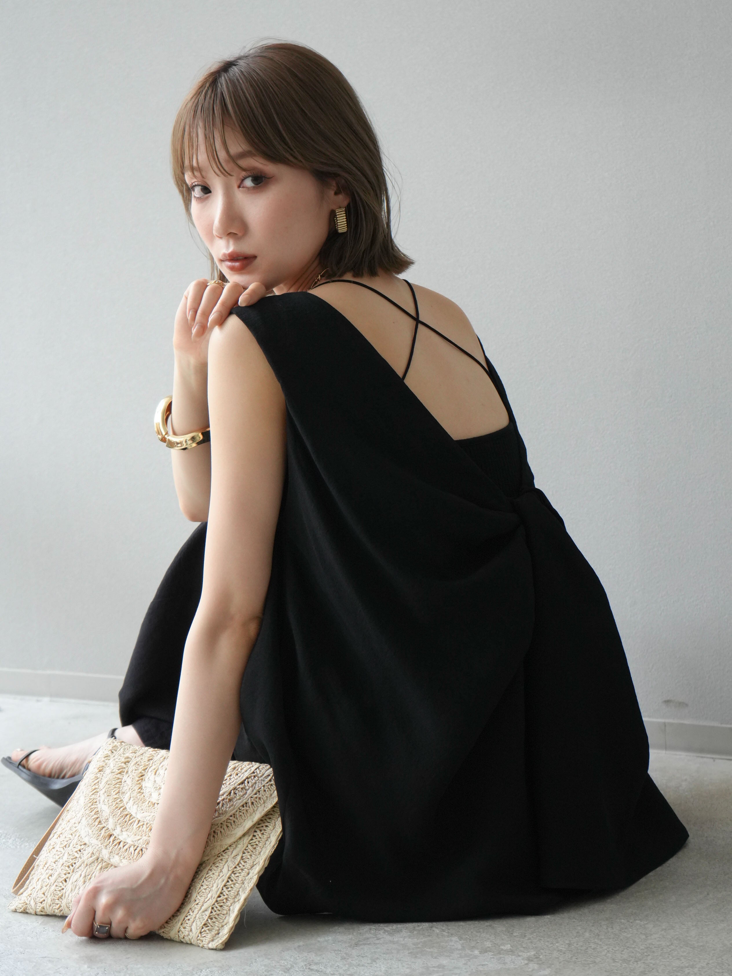 SET]シボ加工バックツイストブラウス+シボ加工イージーワイド