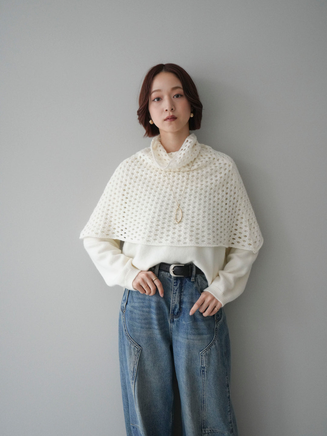 [予約]メッシュケープアンサンブルニットプルオーバー/white