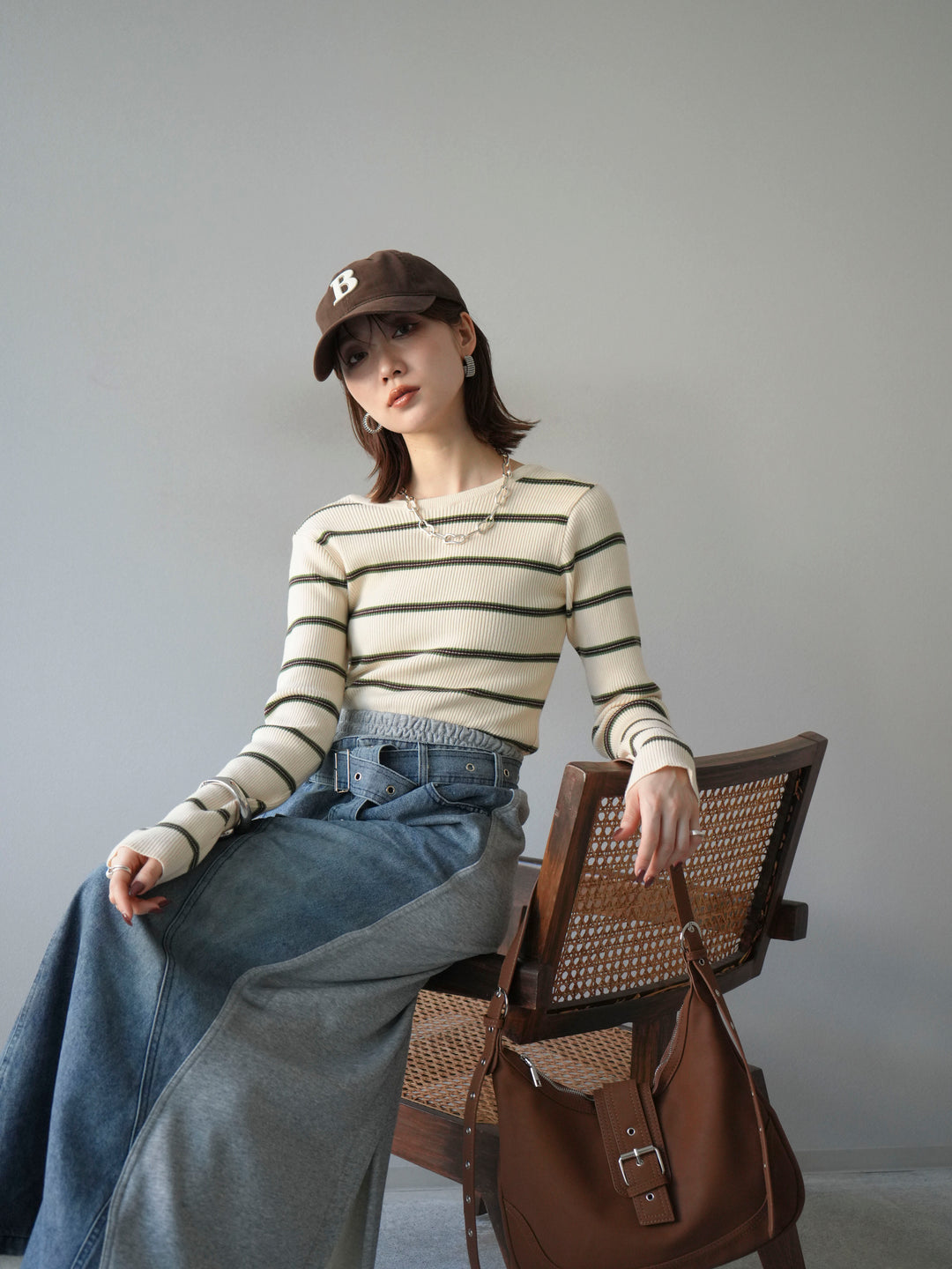 [予約]バックオープンボーダーテレコリブトップス/アイボリー