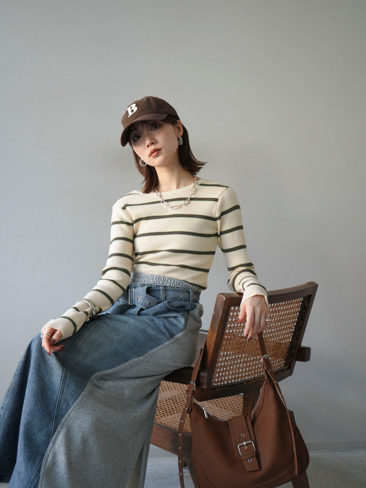 [予約]バックオープンボーダーテレコリブトップス/アイボリー