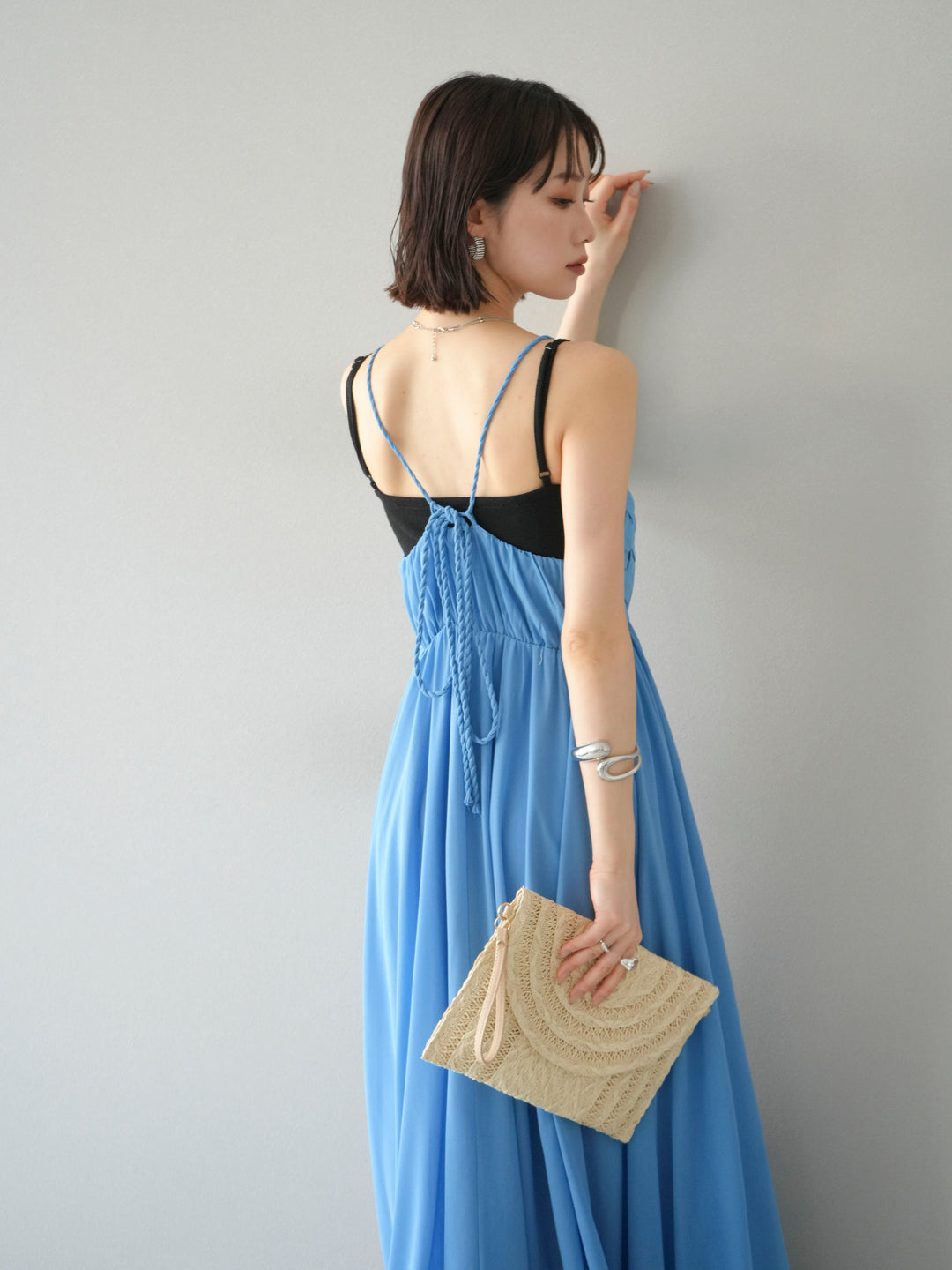 [SET]編み込みデザインシフォンワンピース+カップ付テレコリブベアキャミソール(2set)