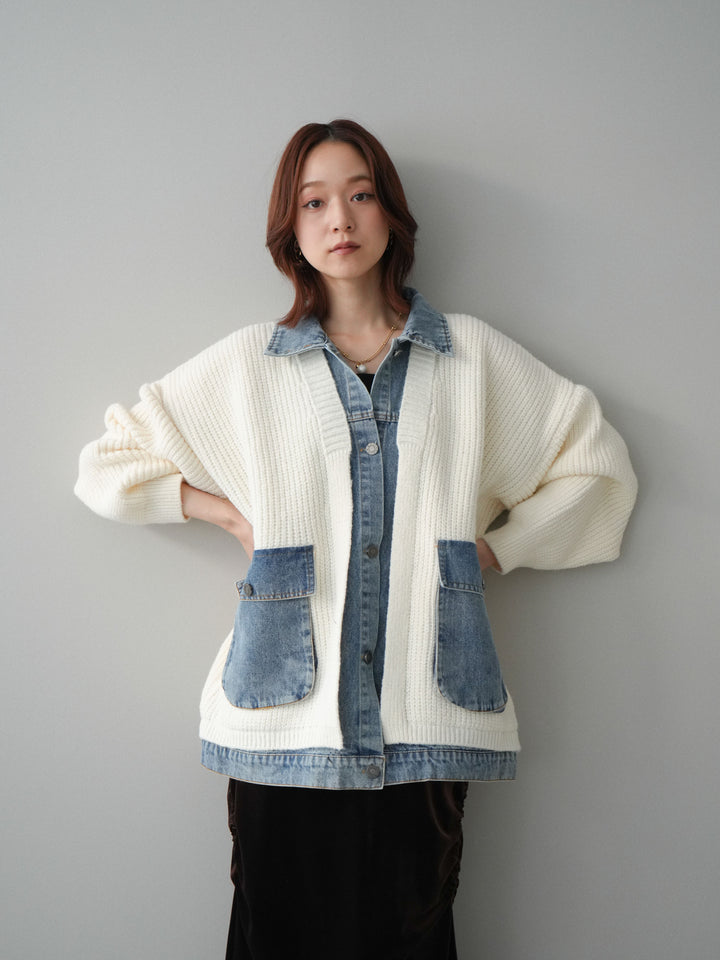 [SET]デニムドッキングオーバーニットジャケット+ギャザーベロアスカート(2set)