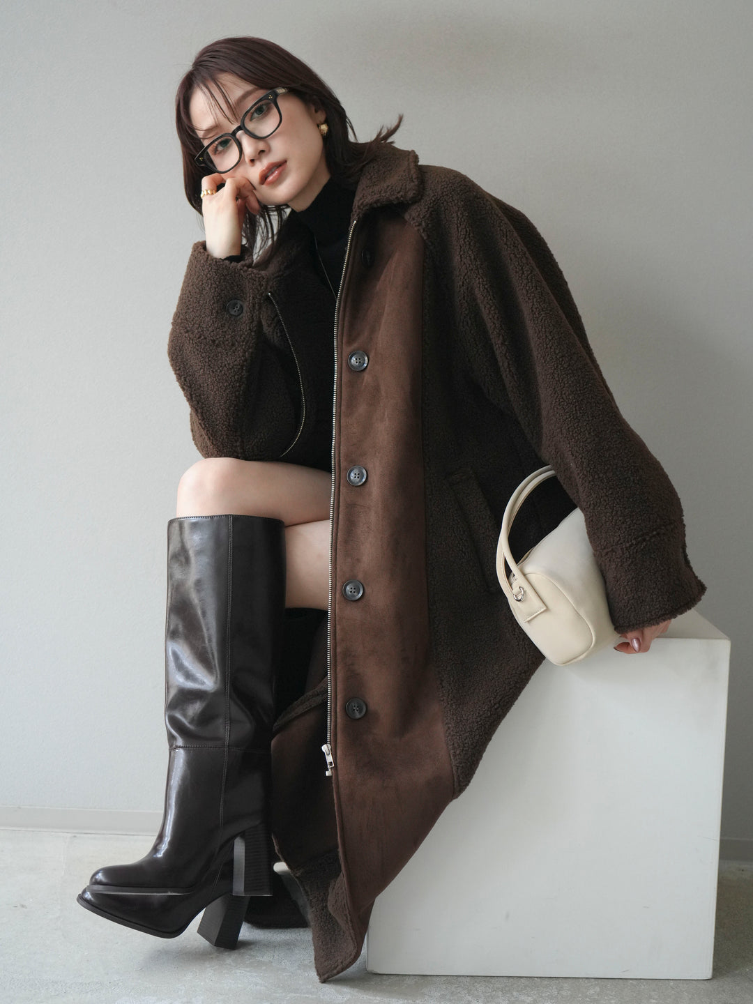 [予約]ボアxムートンロングコート/brown