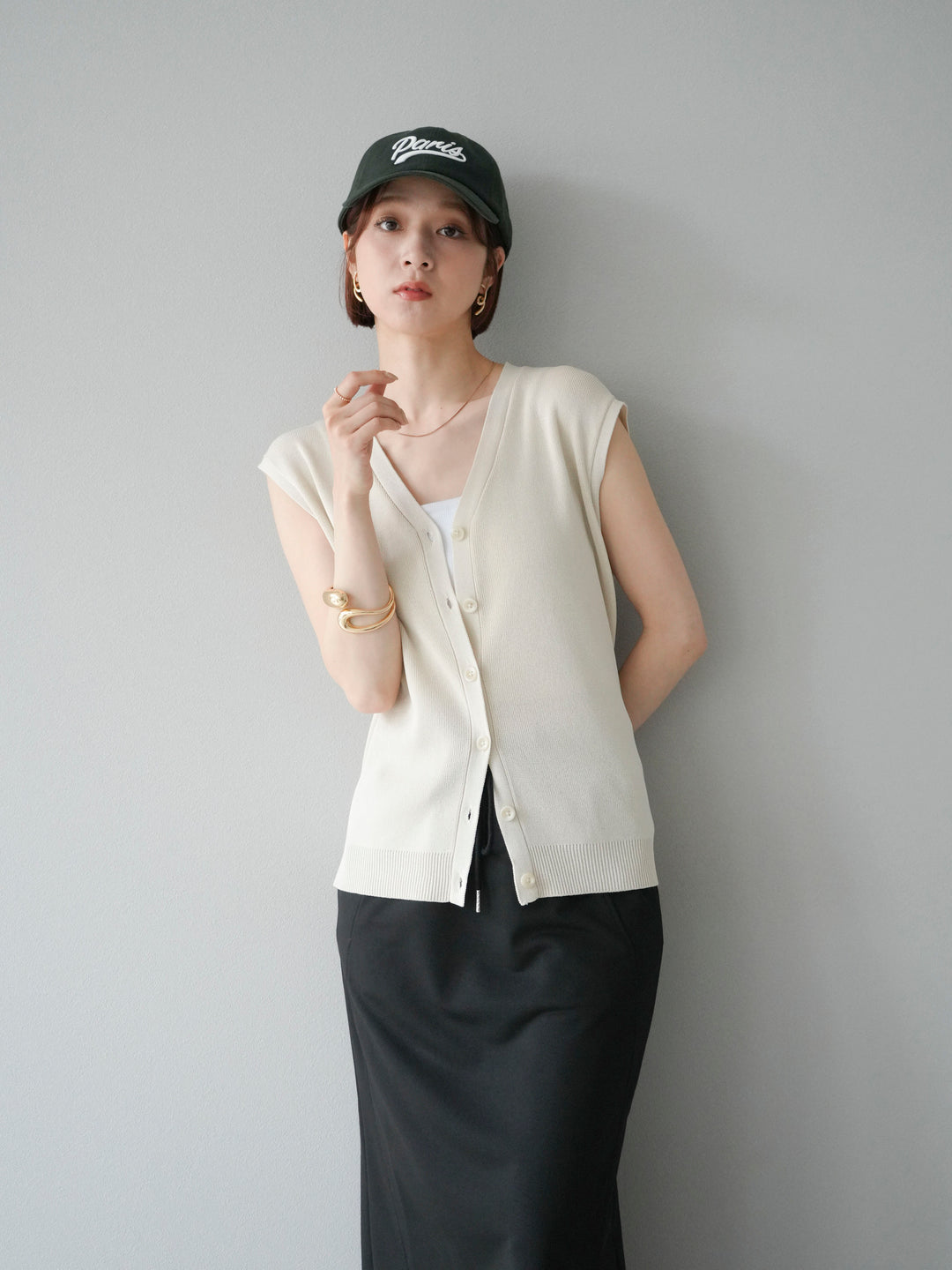 [SET]Vネックレーヨンニットベスト+スウェットロングスカート(2set)