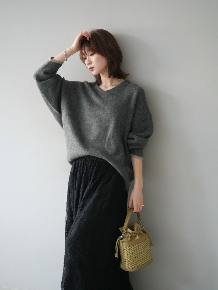 [SET]Vネック配色スリーブニットプルオーバー+選べるアクセセット(2set)