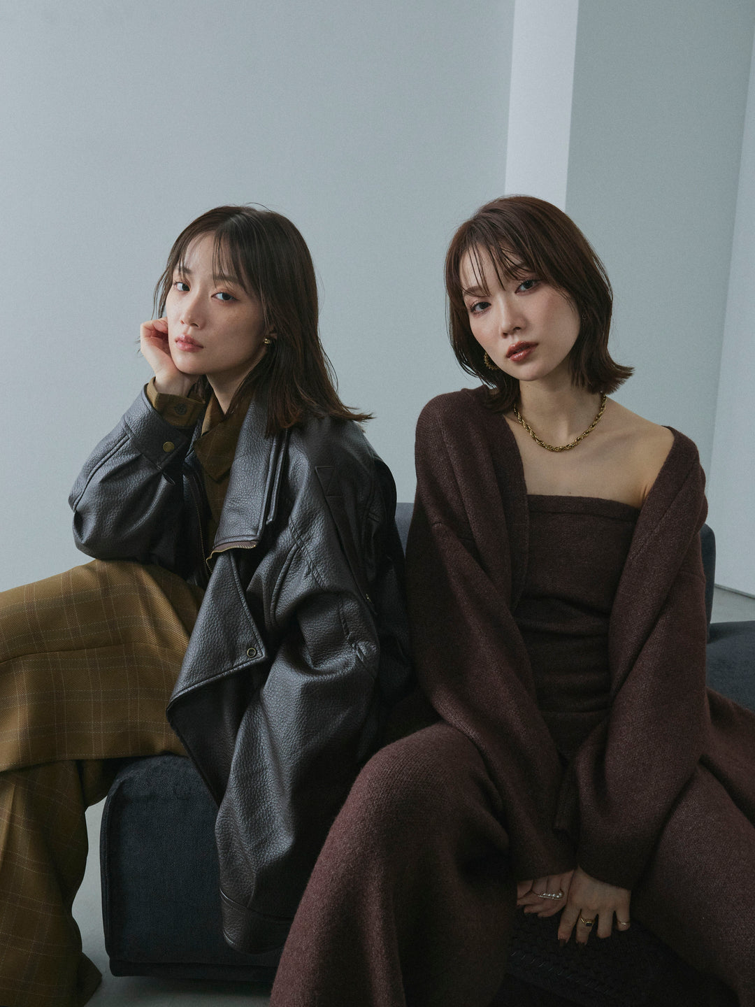 【Allure】[SET]ニットベアトップ＆ワイドパンツSET UP+レザーカラースウェードロングコート(2set)