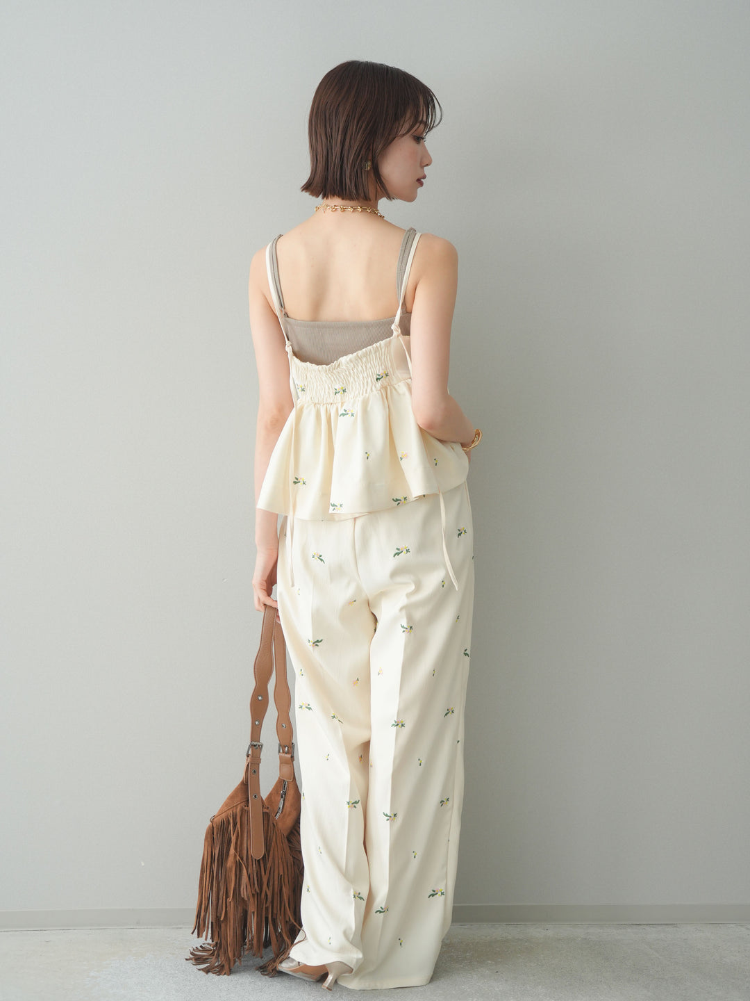 [SET]フラワー刺繍ビスチェ+フラワー刺繍タックパンツ(2set)