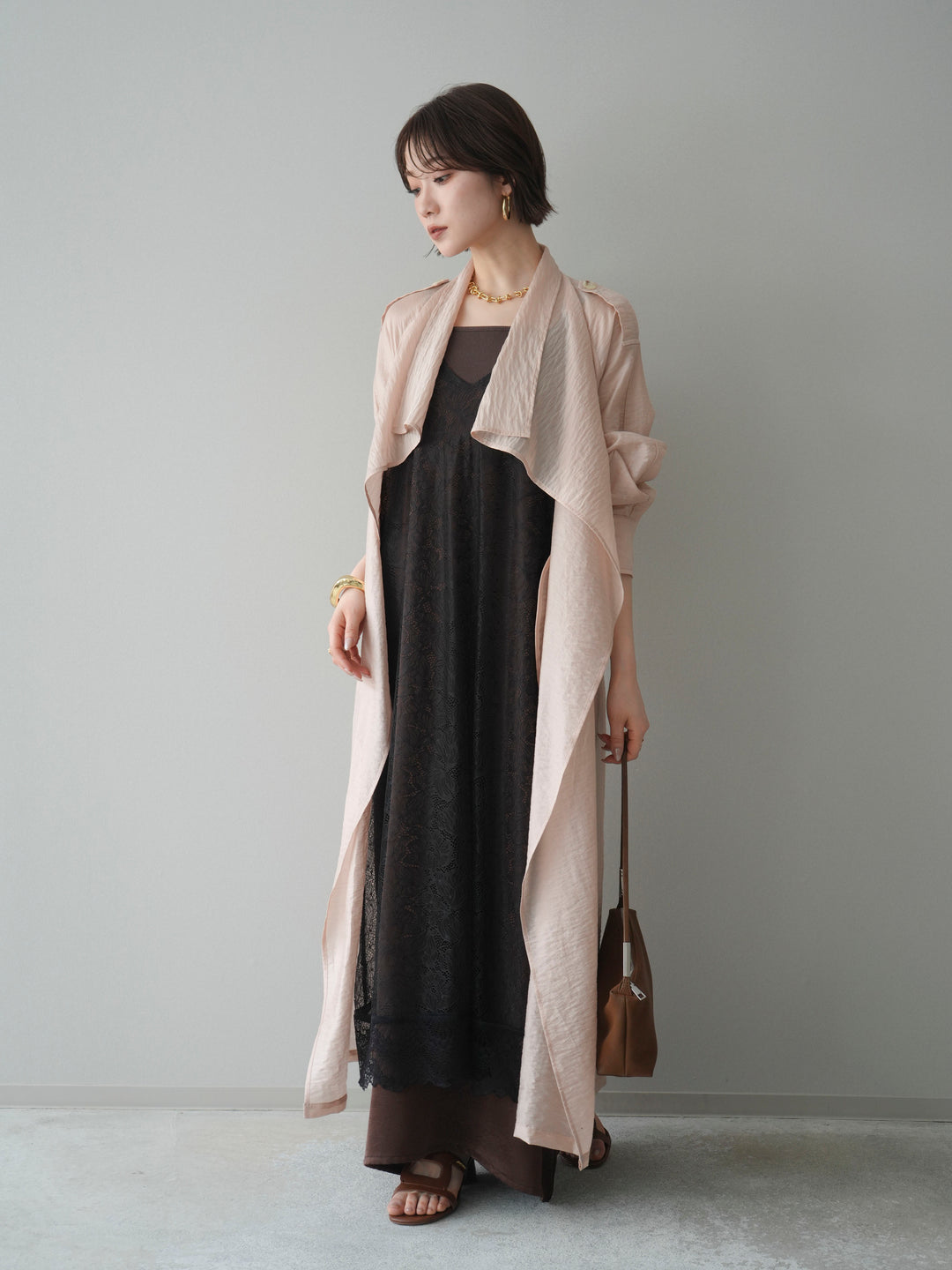 [予約]サテンレースレイヤードキャミワンピース/brown