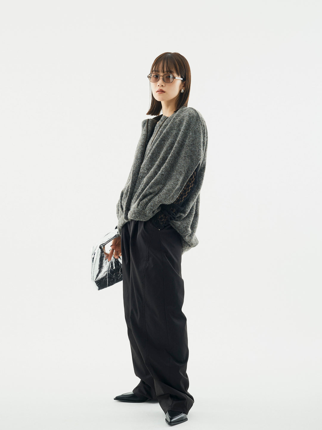 【Allure】[SET]ウール混コクーンブルゾン+タフタワイドカーブパンツ+バックラウンドレーストップス(3set)