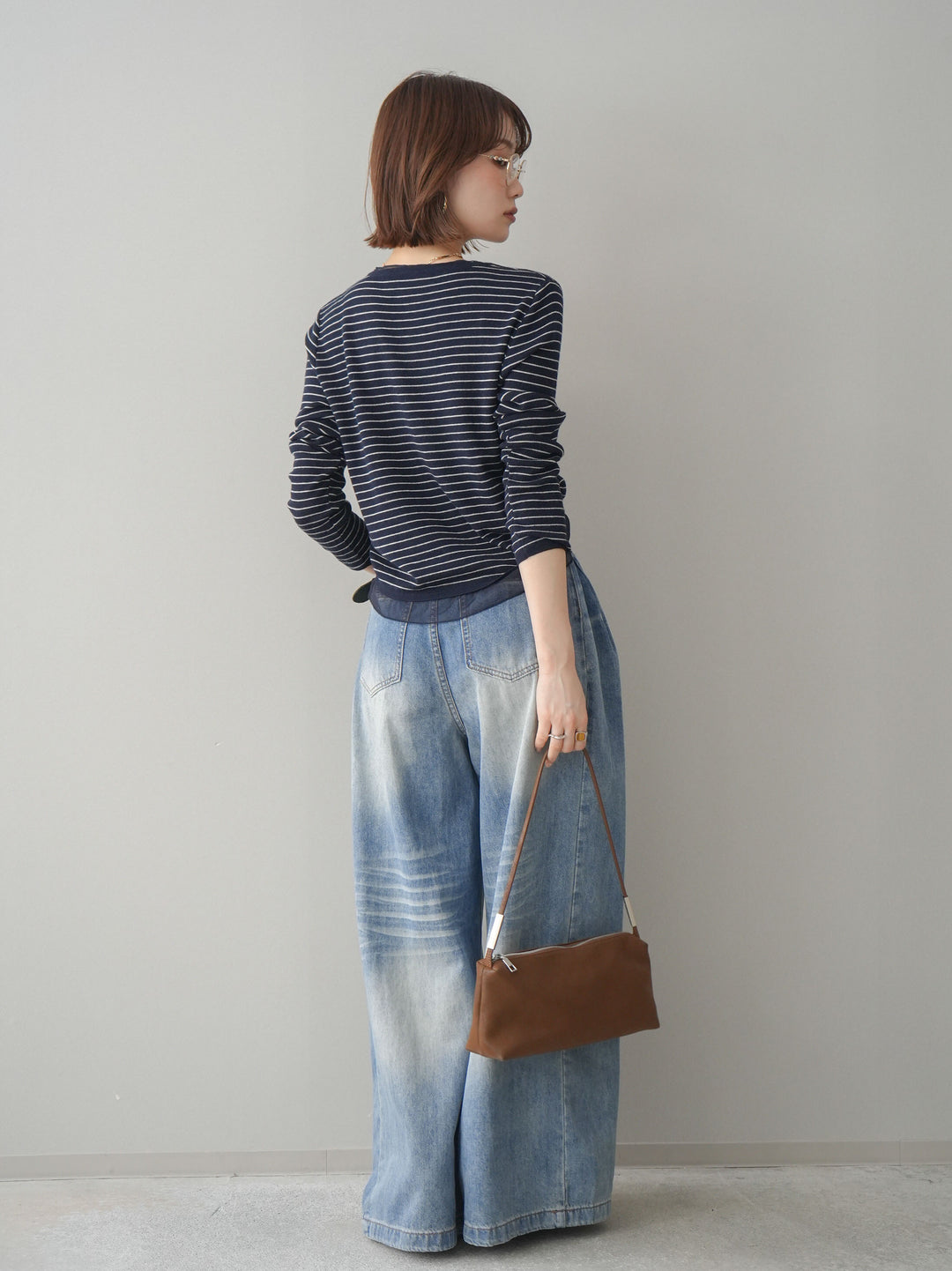 [SET]チュールレイヤードデザインボーダーニットトップス+フロントポケットサイドタックワイドデニム(2set)