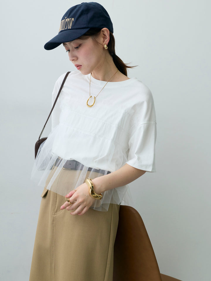 [SET]ギャザーチュールドッキングTEE+クレープデシンフラップ付きストレートスカート(2set)