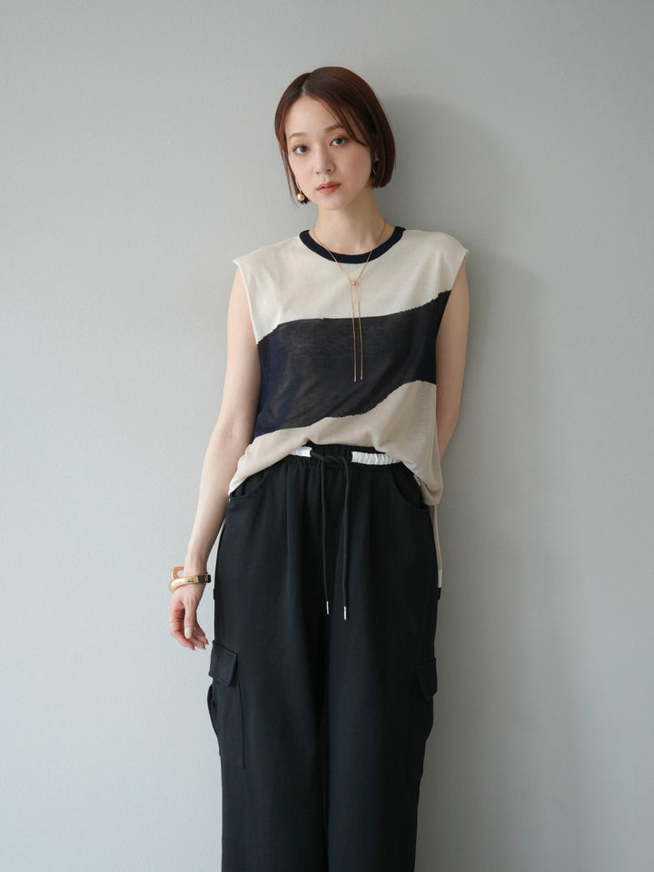 [SET]バイカラーシアーニットノースリーブ+ウエストラインサイドポケットスウェットパンツ(2set)